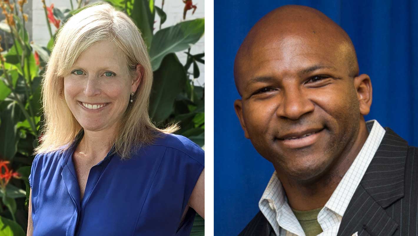 A split image showing a smiling woman with blonde hair in a blue shirt outdoors on the left, and a smiling bald man in a suit with a blue background on the right.