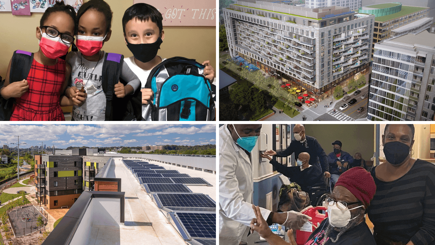 A collage of four images: three children with backpacks wearing masks, an aerial view of a modern apartment complex, solar panels on a building rooftop, and healthcare workers assisting elderly people.