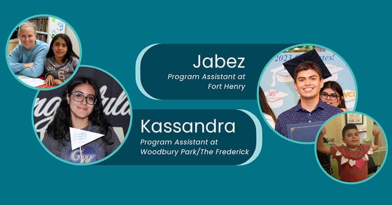A collage features portraits of Jabez and Kassandra, identified as program assistants at Fort Henry and Woodbury Park/The Frederick. Surrounding them are smaller photos of smiling children and a graduate in a cap and gown.