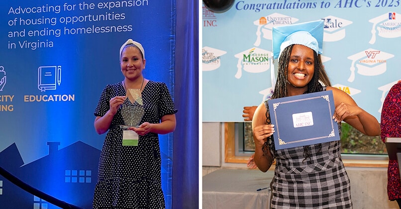 Two women are pictured: on the left, a woman stands on stage holding an award; on the right, a young woman in a blue graduation cap holds up a diploma, smiling in front of a backdrop with university logos.