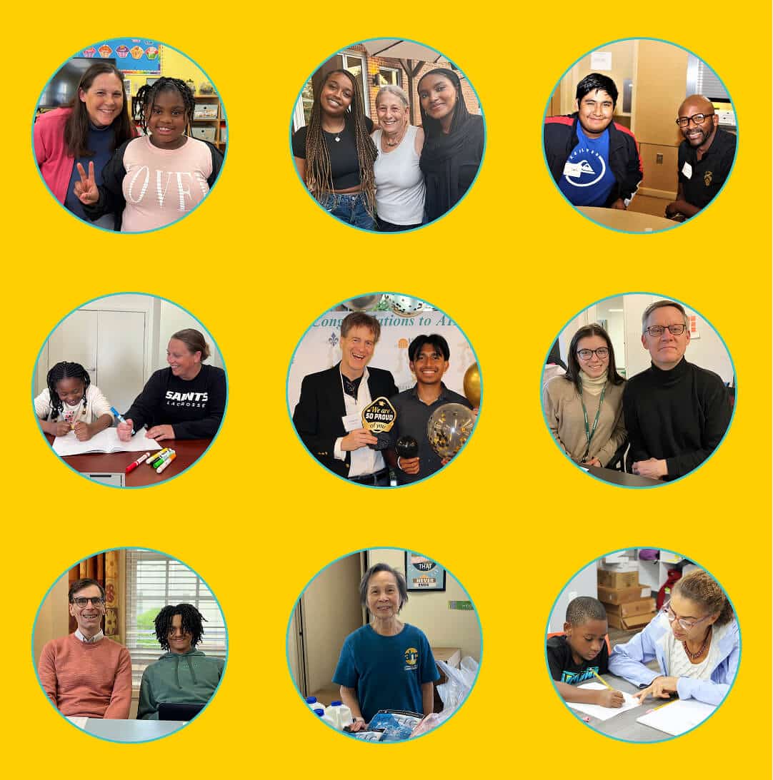 A yellow background with a 3x3 grid of circular photos showing diverse students and adults smiling, learning, and working together in school and classroom settings.