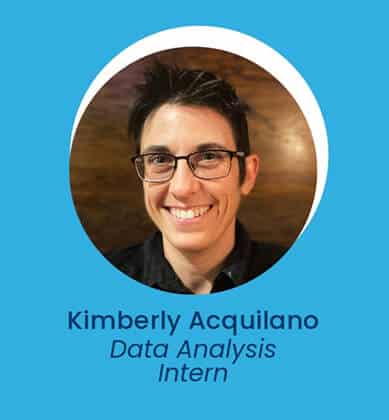 Portrait photo of a smiling person with short dark hair and glasses, labeled Kimberly Acquilano, Data Analysis Intern, on a blue background.