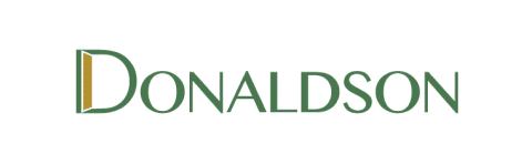 Logo for Donaldson featuring the word in green capital letters. The first letter D is stylized with a gold vertical bar and a white diagonal line, reflecting their commitment to Affordable Homes & Communities, on a white background.