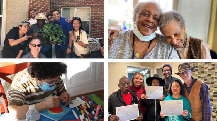 A collage of four photos: people smiling outdoors with a potted plant, two older women embracing and smiling, a person wearing a mask painting at a table, and a group holding certificates, smiling at the camera.
