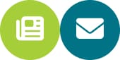 Two circular icons: a green circle with a white newspaper symbol on the left, representing Affordable Homes & Communities Media Center, and a blue circle with a white envelope symbol on the right.