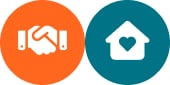 Two circles: the left is orange with a white handshake icon, symbolizing Community Partners, and the right is teal with a white house icon featuring a heart in the center.