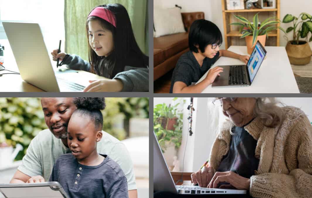 A collage of four people using laptops: a young girl writing, a boy concentrating, a man helping a girl with a tablet, and an elderly woman typing—reflecting the community spirit as Arlington County invests in Goodwill Redevelopment.