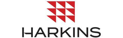 The image shows the Harkins logo, featuring a pattern of red triangles forming a geometric design above the word HARKINS in bold, black uppercase letters—reflecting their commitment to Affordable Homes & Communities.