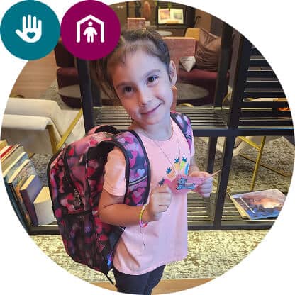 a little girl smiling and wearing a pink backpack, a teal icon with a heart inside of a hand and a magenta icon of a person standing in a house