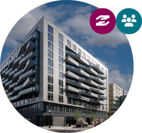 a Washington DC apartment building with a magenta and blue icons of hands and people