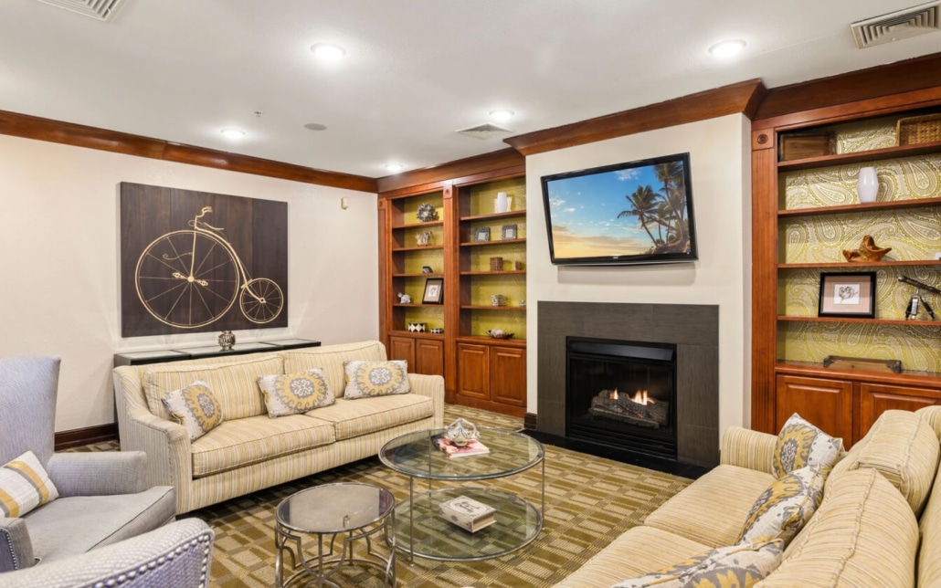A cozy living room with striped sofas, a glass coffee table, a fireplace below a wall-mounted TV, built-in bookshelves, and a vintage bicycle artwork on the wall. Warm, inviting lighting fills the space.