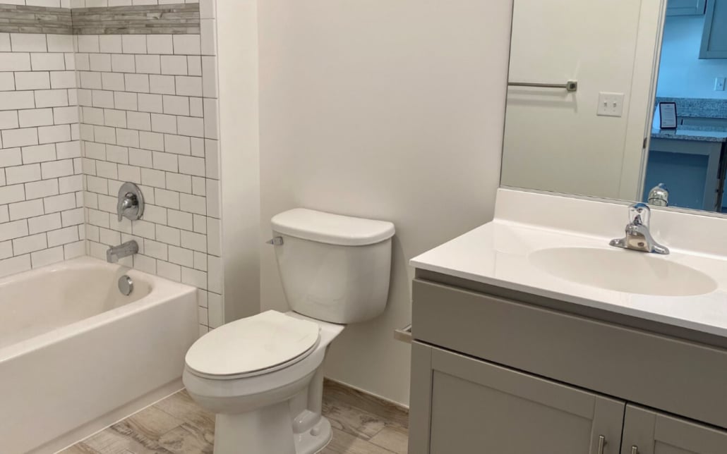 A clean, modern bathroom with a white bathtub and tiled shower, a white toilet, and a gray vanity with a sink and large mirror. Light wood flooring and white walls create a bright space.