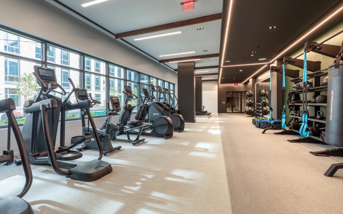 Modern gym with large windows, treadmills, ellipticals, weight racks, and exercise balls. Natural light fills the spacious, clean workout area, and buildings are visible outside the windows.