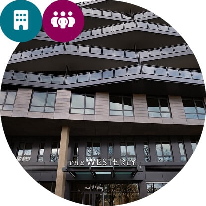 The Westerly apartment building and a teal building icon and a magenta group of people icon