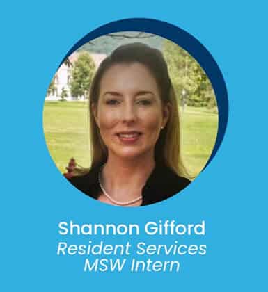 Portrait photo of a woman with long blonde hair, wearing a black top and pearl necklace, set against a green outdoor background. Text below reads: Shannon Gifford, Resident Services MSW Intern.