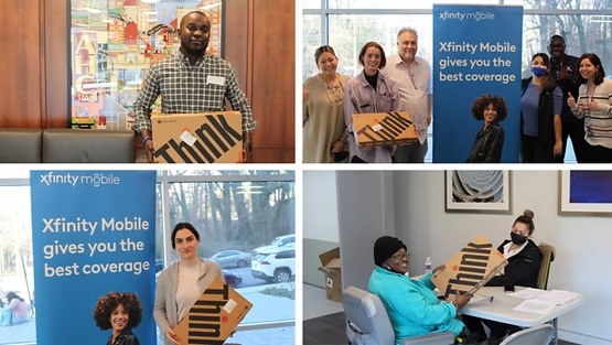 A collage of four photos shows AHC Residents Receive Free Chromebooks & Wi-Fi at The Spire, with people holding Lenovo ThinkPad boxes and standing near an Xfinity Mobile banner. Smiling individuals pose in office settings.