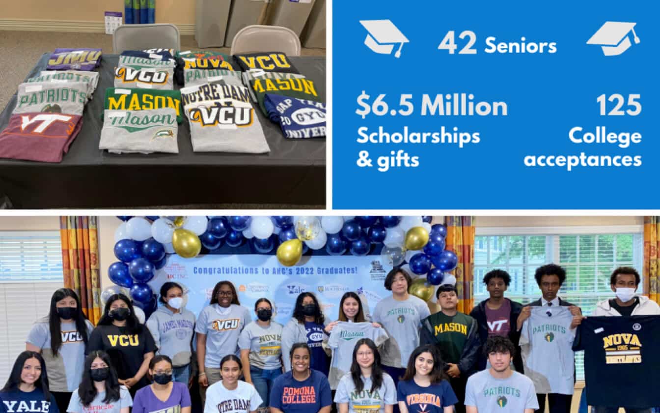 A collage shows: 1) a table with college shirts, 2) a graphic noting 42 seniors, .5 million in scholarships, 125 acceptances, and 3) a group of students in college shirts posing under a balloon arch.