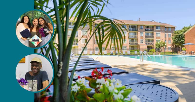 An outdoor pool area with lounge chairs and flowers, set in front of a brick apartment building; inset circles show a group of three smiling women and an older man holding a gift and flowers.