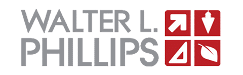 Logo for Walter L. Phillips with four red squares showing a white arrow, a trowel, a triangle, and a leaf, next to the company name in gray text—proudly serving Affordable Homes & Communities (AHC).