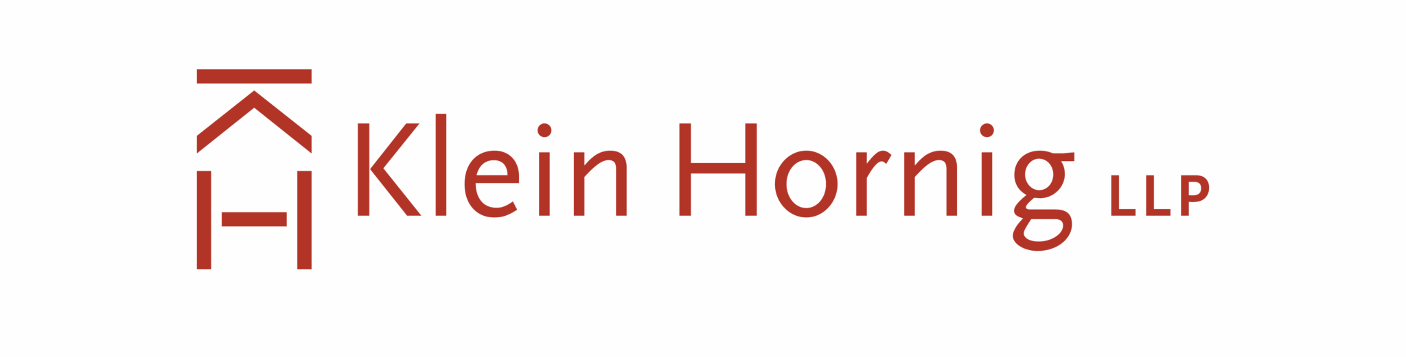 Logo for Klein Hornig LLP, featuring a simple house icon on the left and the firm’s name in modern, red font on a solid red background—reflecting their commitment to Affordable Homes & Communities.