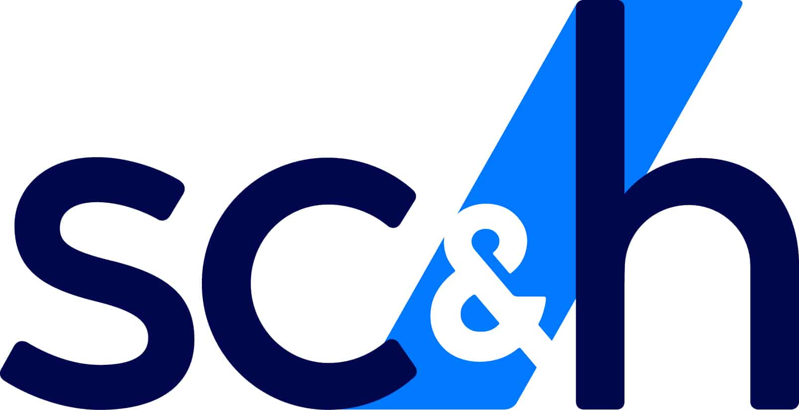 The image shows the logo for sc&h in bold, dark blue lowercase letters, with an ampersand and part of the letter h overlaid on a blue geometric shape, highlighting their commitment to Affordable Homes & Communities through Corporate Partnerships.
