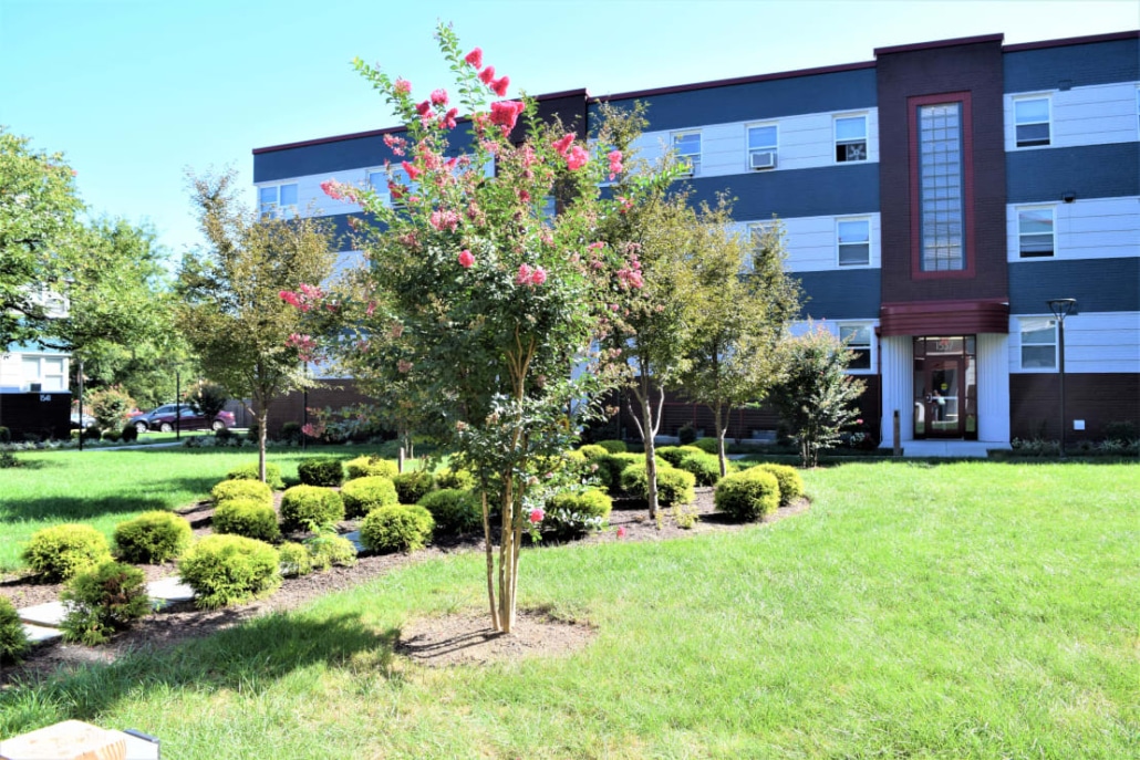 A three-story apartment building with white and dark gray exterior, large windows, and a landscaped lawn featuring blooming pink flowers, small trees, and neatly trimmed bushes on a sunny day.