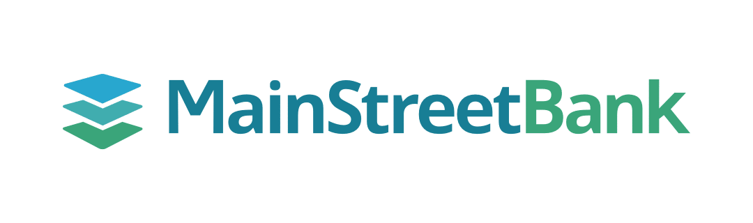Logo for MainStreetBank featuring a three-layered blue and green icon to the left of the company name, written in a blue-to-green gradient, highlighting Corporate Partnerships supporting Affordable Homes & Communities.