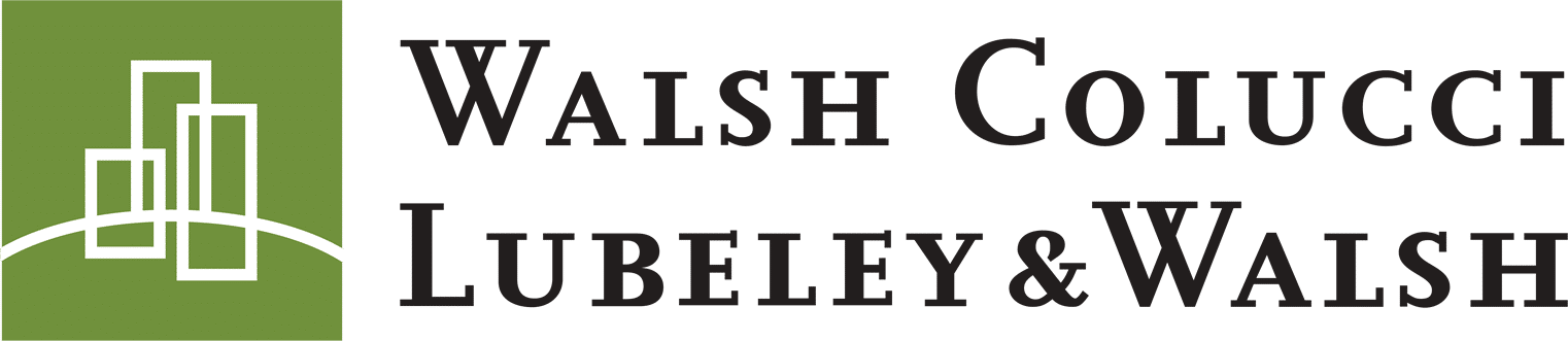 Logo for Walsh Colucci Lubeley & Walsh featuring a white outline of three buildings and an arch on a green background, reflecting the firm’s commitment to Affordable Homes & Communities, with the name in large black text to the right.